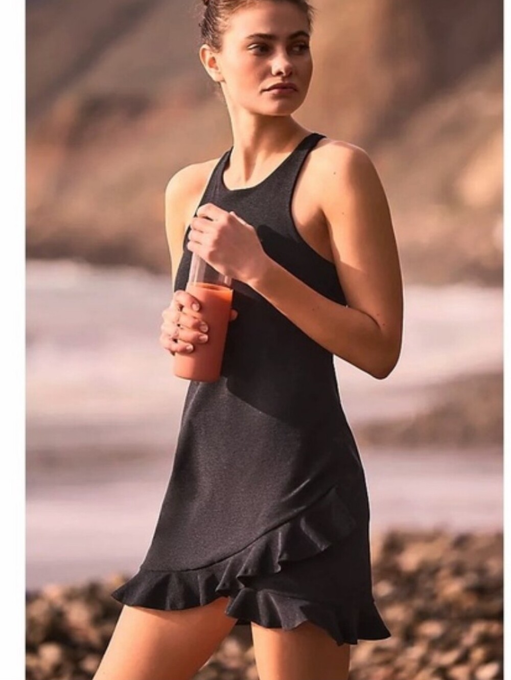 Beyond Yoga Black Ruffle-Hem Sleeveless Mini Dress